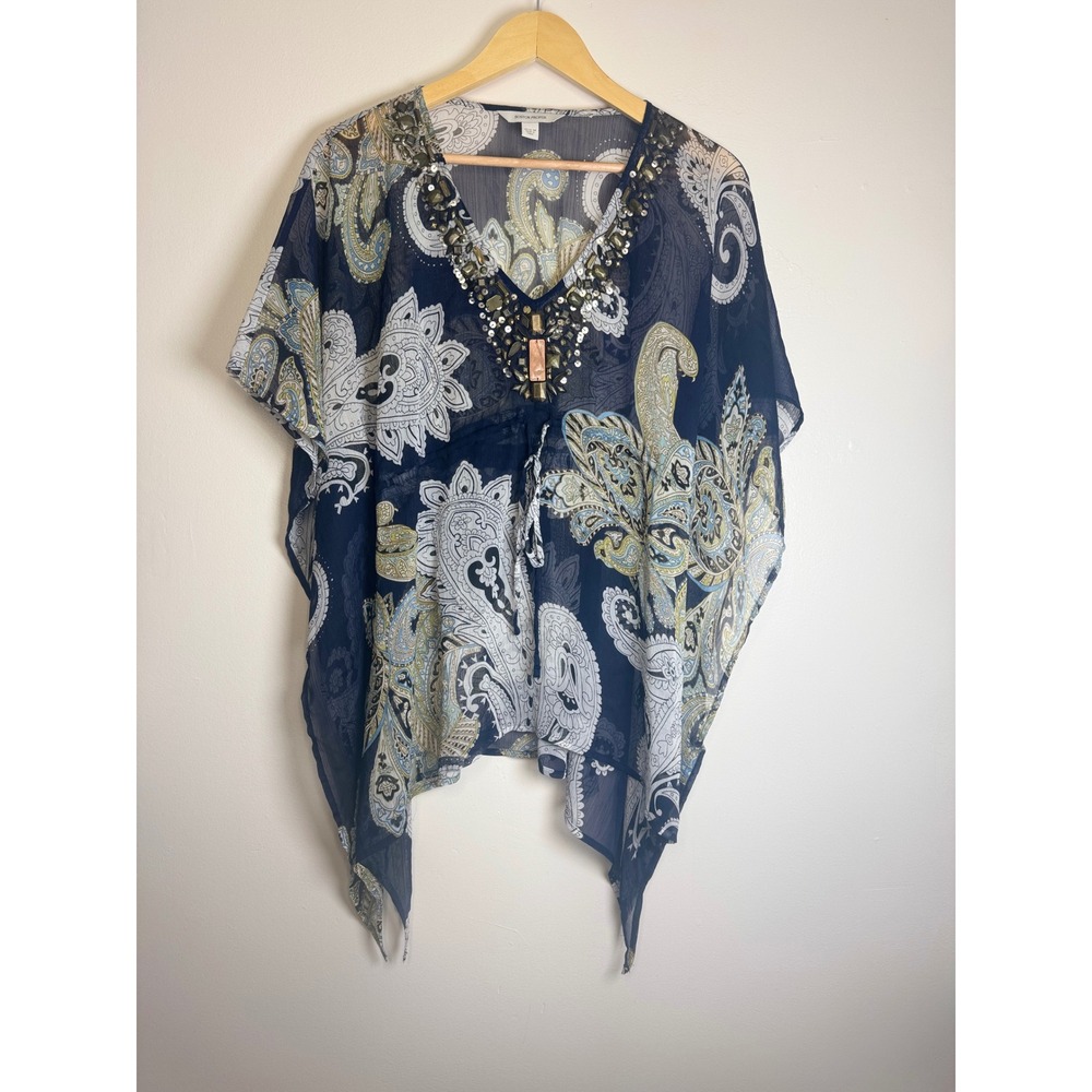 Boston Proper Womens Sheer Poncho Top Size M Navy Paisley Embellished V-Neck